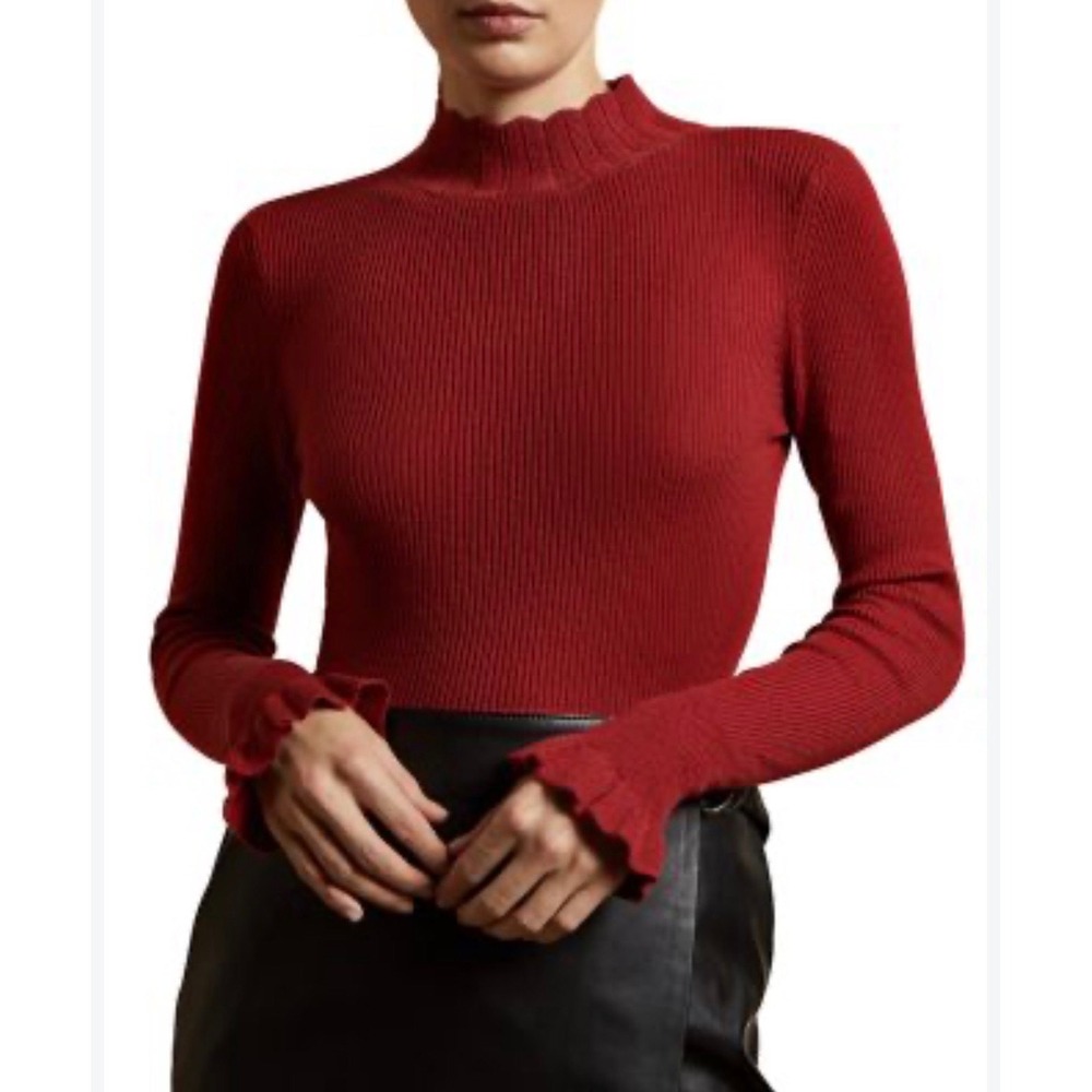 Ted Baker London Orange Red Ribbed Cashmere Blend Mock Neck Sweater Size 4